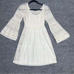 Boston Proper Womens 6 White Crochet Cotton Bell Sleeve Cowgirl Boho Mini Dress‎